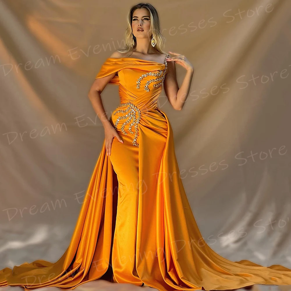 Vestidos de Noche elegantes de sirena amarilla para mujer, vestidos de graduación con cuentas de un hombro a la moda, plisados, Abiye Elbise