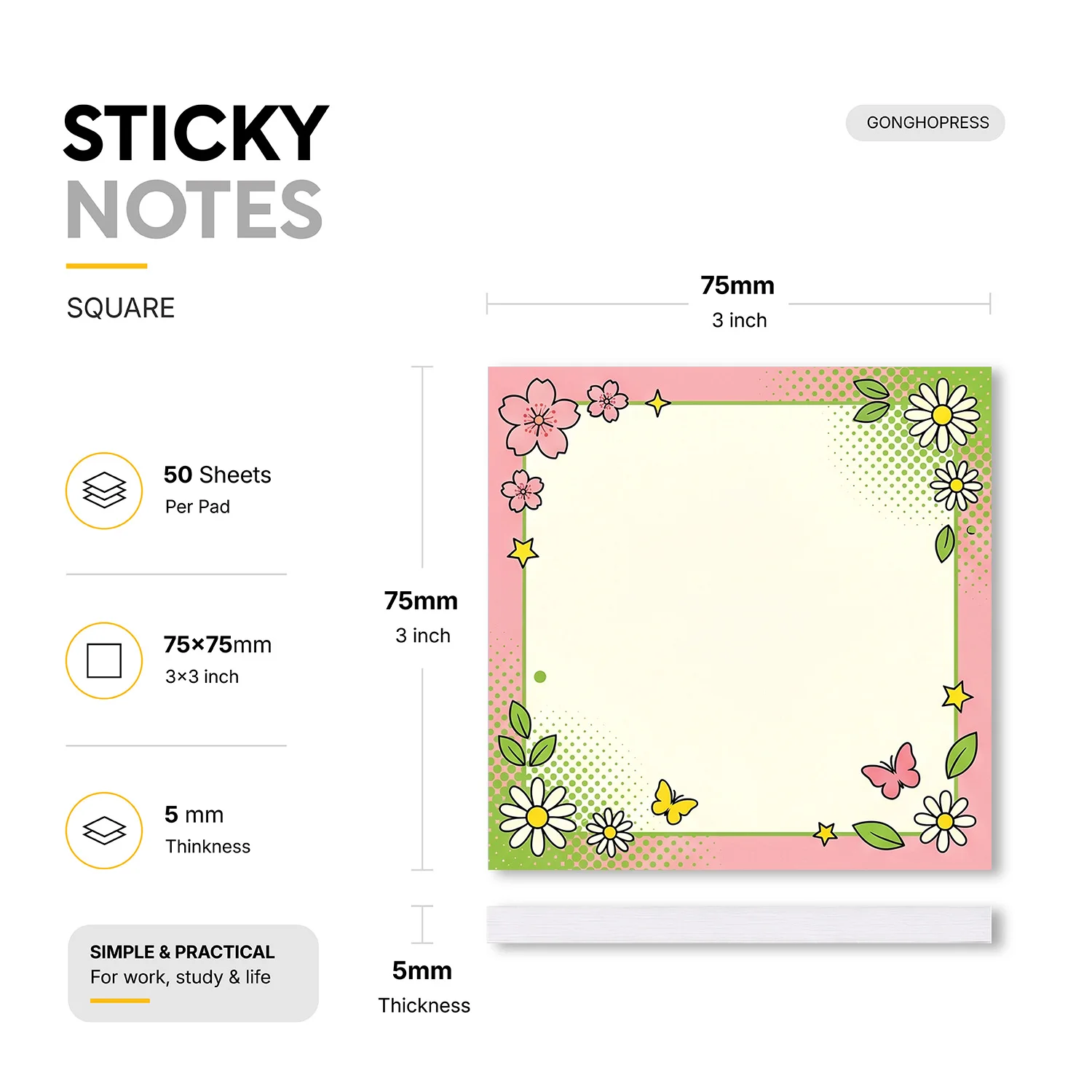 2pcs Floral Sticky Notes Set, Spring Flower Daisy Cherry Blossom Self Stick Memo Pads, 100 Sheets Total, Cute Butterfly Nature