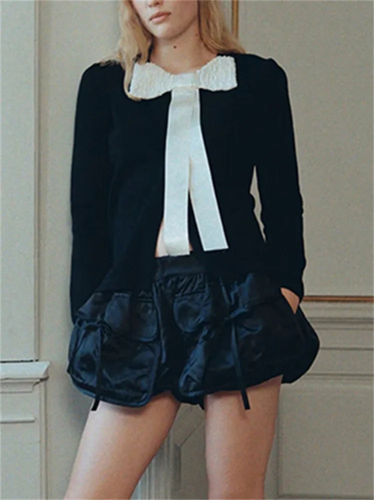 Ladies Hidden Single-Breasted Knitted Cardigan Long Sleeve Round Neck Women's Detachable Pearl Bow Decorated Sweater Top