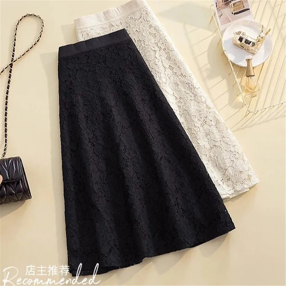 High Waist Lace Flower Midi Skirt Women 4xl Big Size Vintage A-Line Long Skirt Office Lady Elegant High Waist Black Beige Clothe