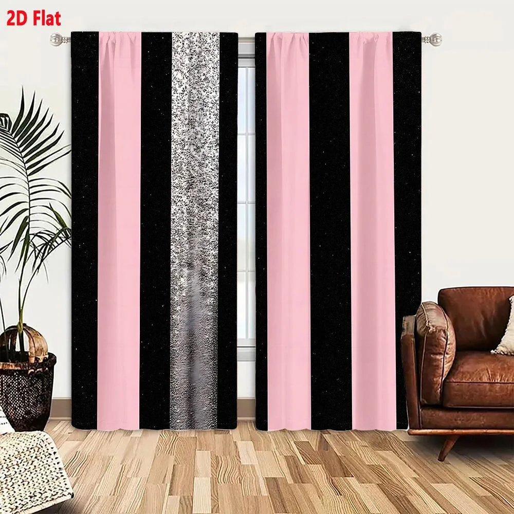 2Pcs Curtains Bold Abstract Vertical Stripes With Glitch Texture In Pink And Black Window Drapes for Bedroom Room Decor Decorati