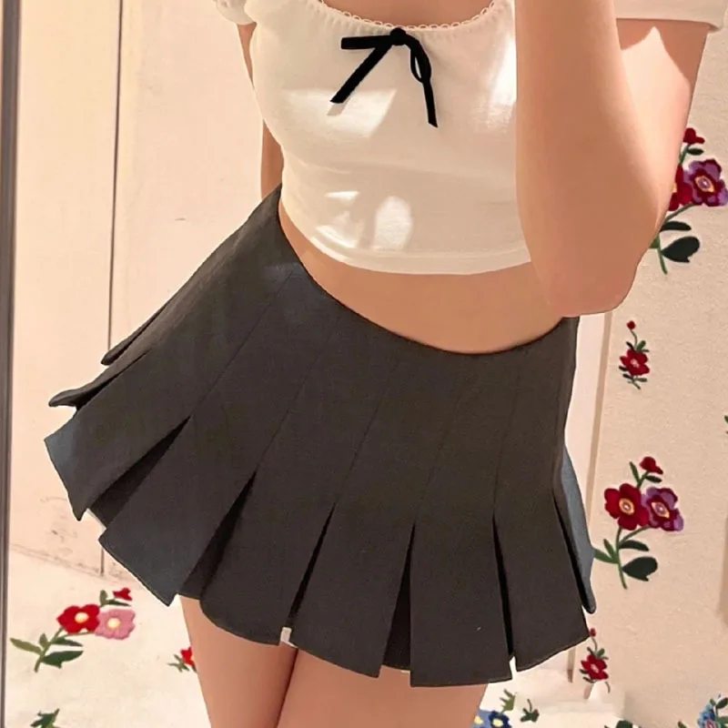 Gray pleated trimmed skirt y2k vintage elegant simple hundred color collision patchwork short skirts for women 2024 spring new