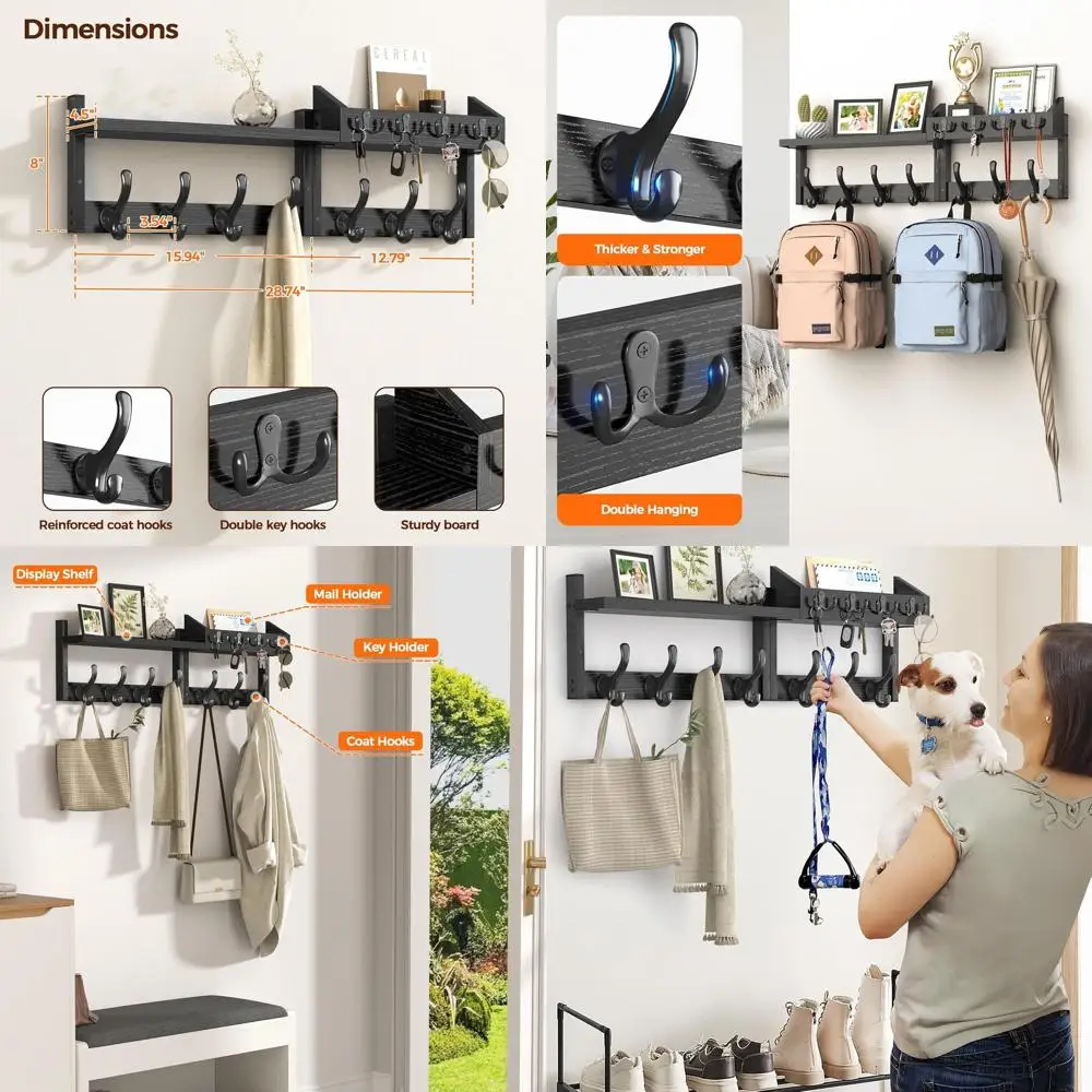 

Настенная вешалка для одежды с полкой и 11 крючками, держатель для почты для прихожей, черная