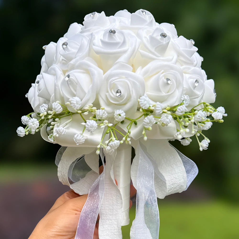 Rhinestone White Rose Gypsophila Bridal Bouquet, Satin Ribbon Artificial Flower for Wedding Photoshoot Prop Prom Gifts