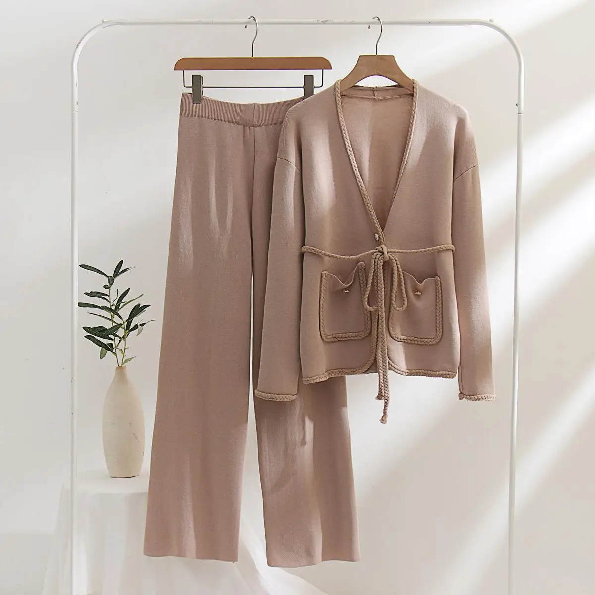 

Casual Spring Autumn Knitted Suits Women Long Sleeve Sweater and Wide leg Pants Sets Outwear Loose Lace Up Cardigan Outfits Sets