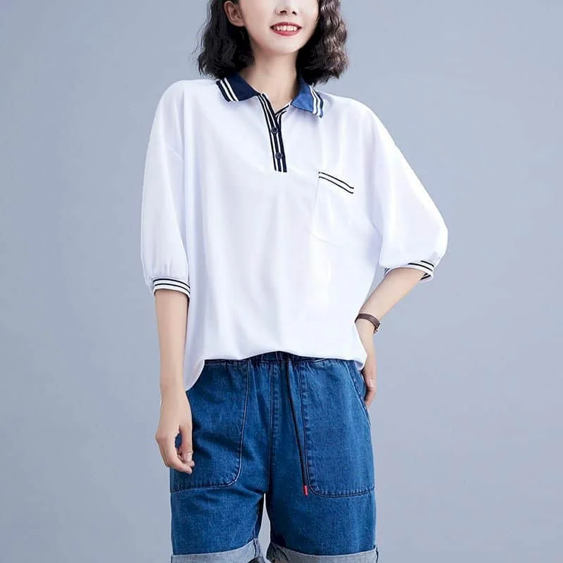 

Literary T-shirts for Women Polo-neck Tops Oversized Casual Loose Korean Fashion Half Sleeve Vintage Aesthetic Clothes Trend