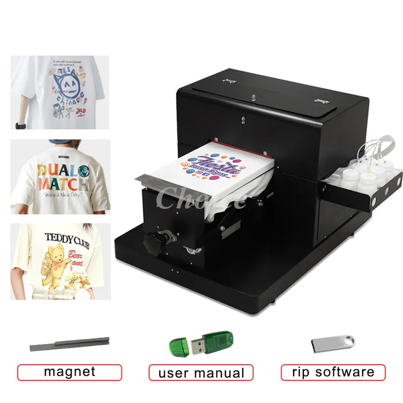 Digital Flatbed T-Shirt Printing Machine, DTG, 6 cores, vestuário, impressora jato de tinta, A4