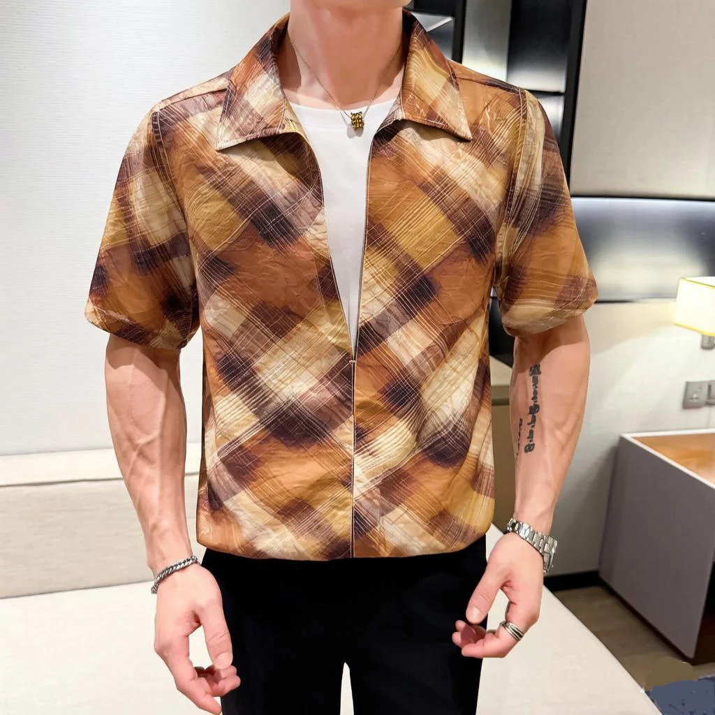 Retro Embossing Art Short Sleeved Men Shirts Summer Fake Two-piece Plaid Print Man Shirt Fashion Pullover Camisas Masculina