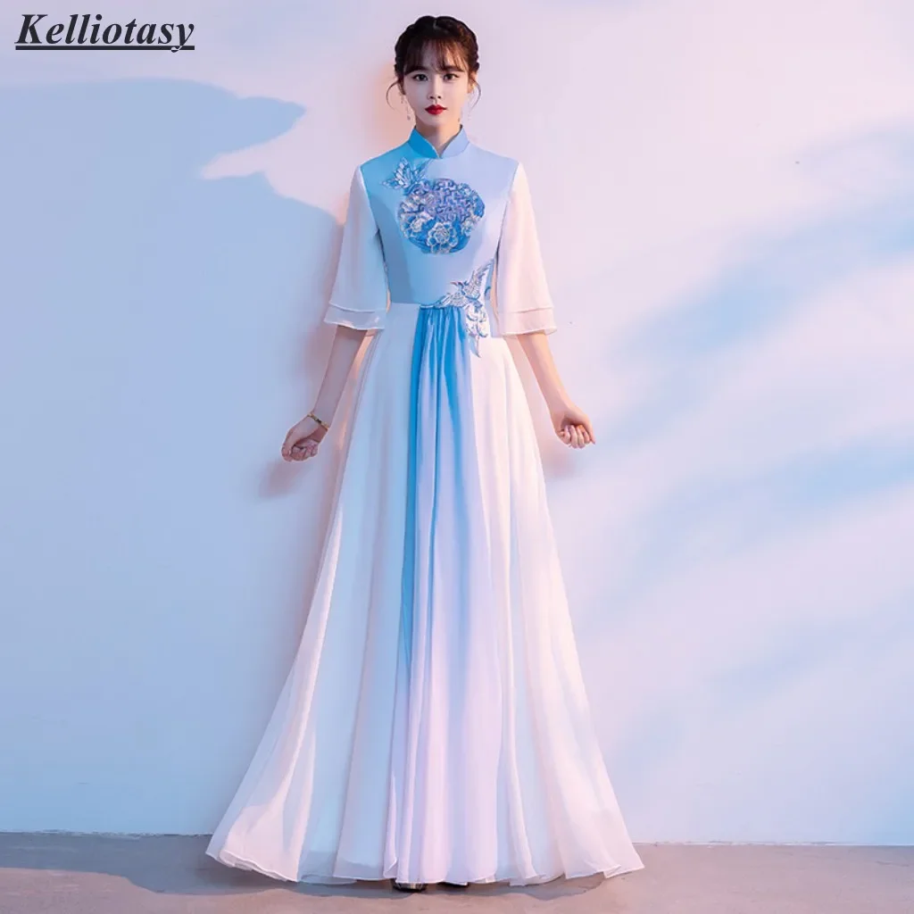 Customized Chinese Traditional Evening Dress For Party Quarter Sleeves High Collar Bridal Toasting Dress For Women XXHS007