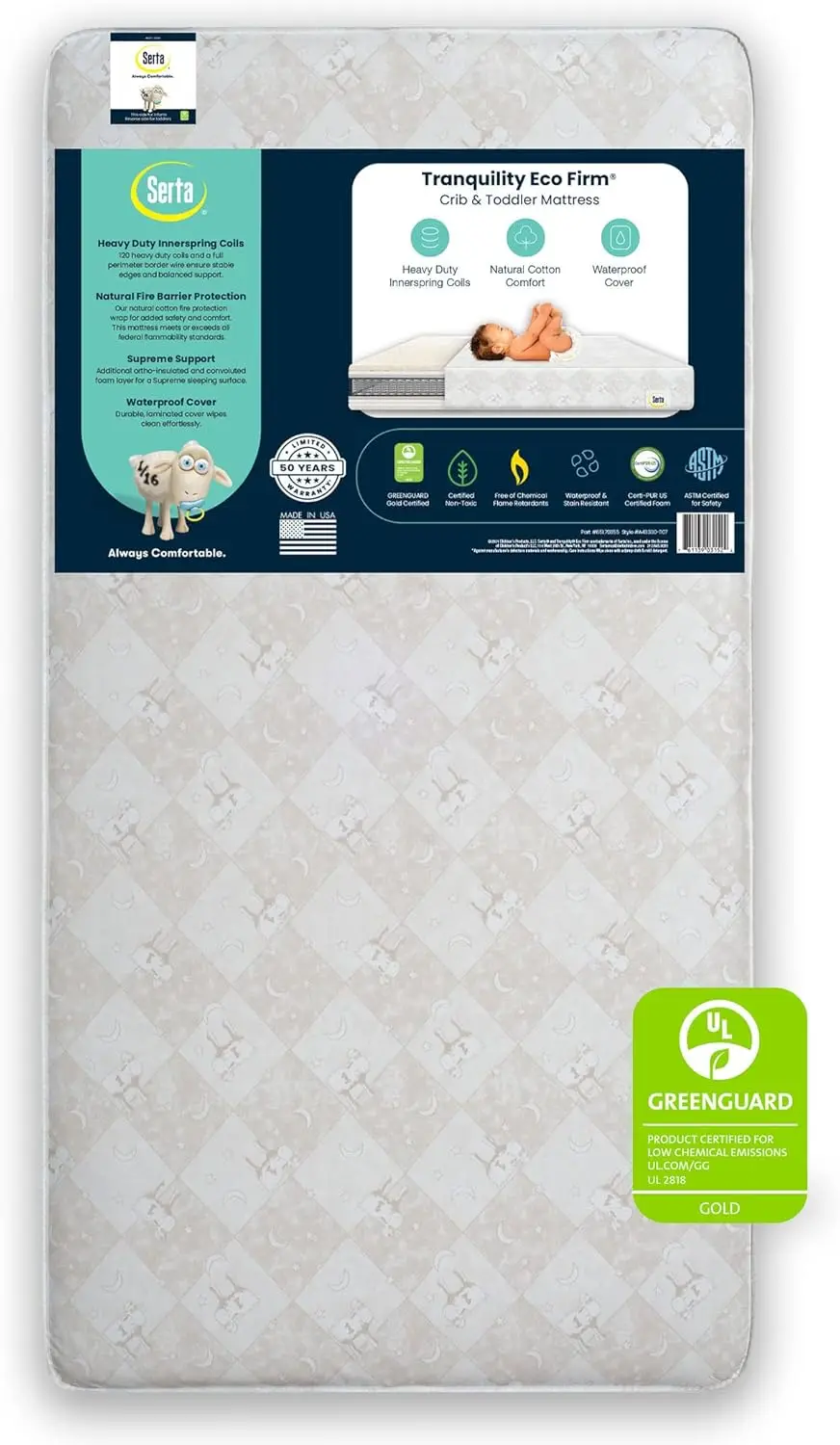 

Serta Tranquility Firm 2-ступенчатая детская кроватка и матрас для малышей — водонепроницаемая стандартная детская кроватка и матрас для малышей — Greenguard Gold