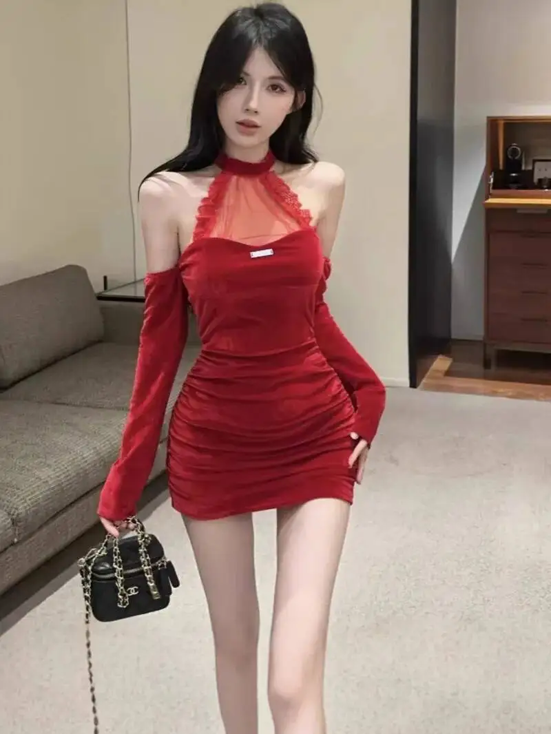 Mesh Sweet Mini Dress Lace Sheer Pure Desire Hanging Neck Mesh Lace Pleated Off Shoulder Spicy Girl Sexy Slim Dress Elegant Z1K5