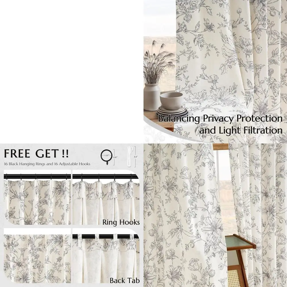 Zasłony lniane w stylu vintage z kwiatowym wzorem z lat 90., z zakładkami typu pinch pleat, do salonu i sypialni, czarny wzór kwiatowy.