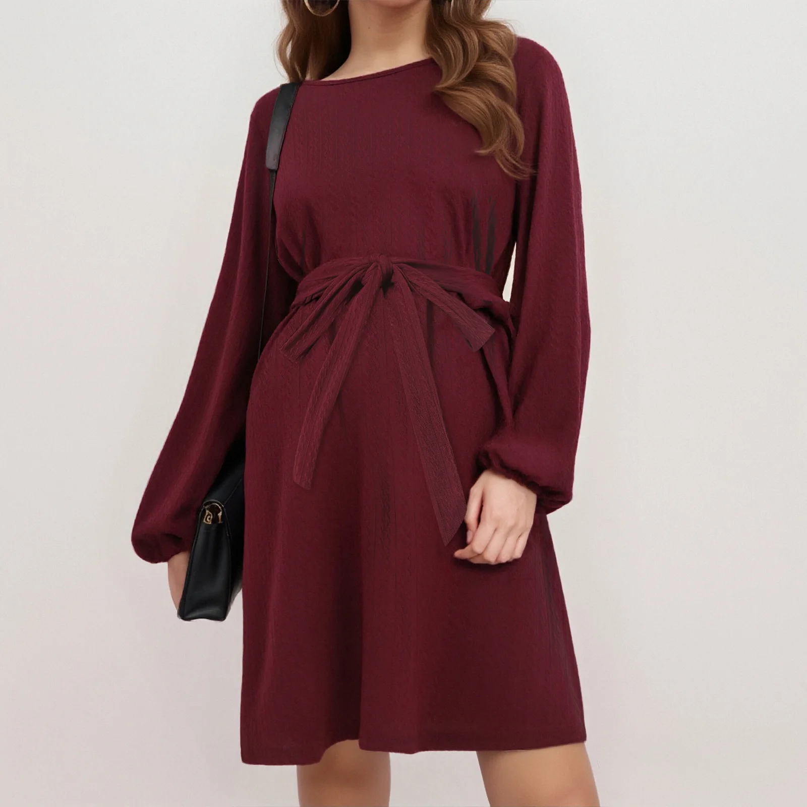 

Осенне-зимнее платье для беременных для женщин с длинными рукавами-фонариками и поясом трапециевидной формы длиной до колена, повседневная одежда для беременных, платья