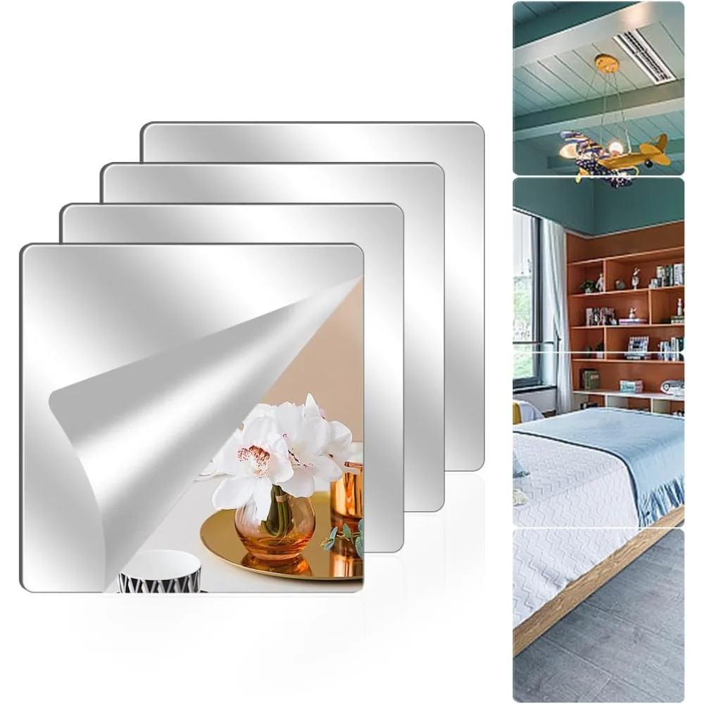 

Wall Mirror, 4 Pack Full Length, 10 x 10 Inch Unbreakable Acrylic Mirror Tiles, Shatterproof Flexible, Plastic Mirror Sheets