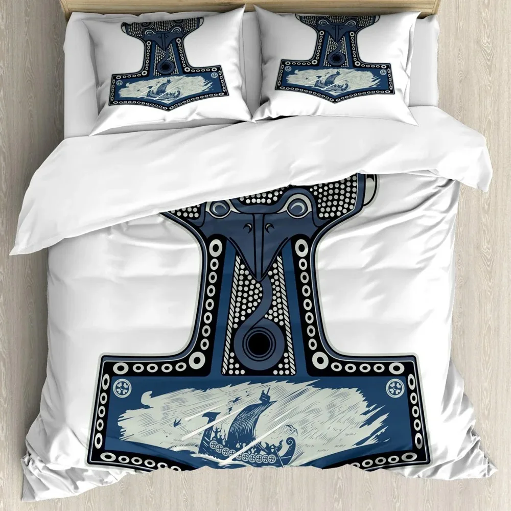 Viking Duvet Cover Set, Scandinavian Folklore Motifs Northern Germanic Culture Mjollnir Bedding Set King Size, Slate Blue