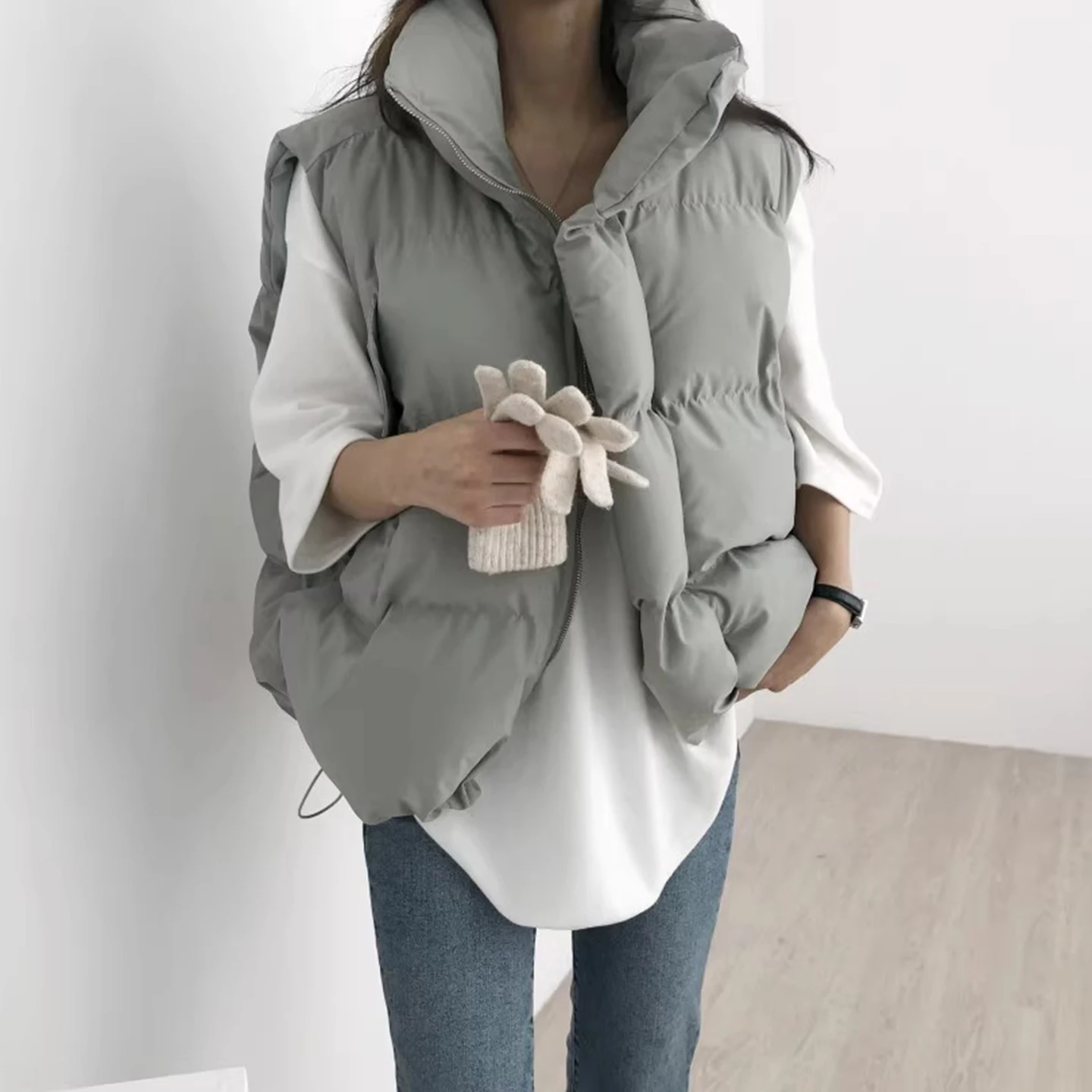 

Retro Versatile Dstring Cotton Vest Thi Warm Svel Stand Collar Women's Faion Winter Outerwear ort Jaet