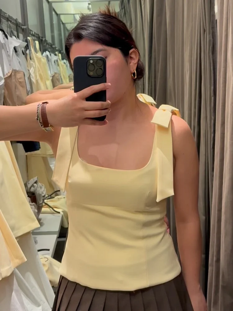 HH Women's New Fashion Solid Bow Square Collar Sling Top Woman Summer Sexy Sleeveless High Street Side Zipper Slim Tops