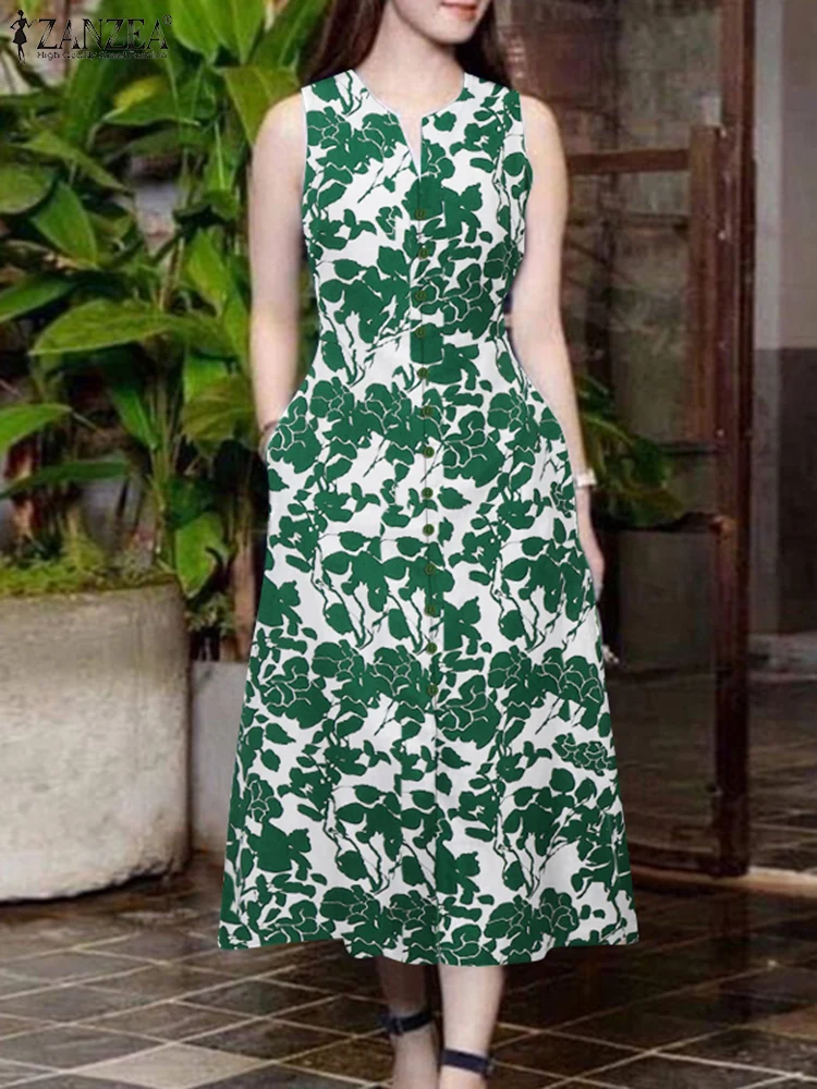 ZANZEA 2025 Summer Dress Women Bohemain Sleeveless Floral Printed Sundress Elegant V Neck Holiday Party Midi Vestidos Robe Femme