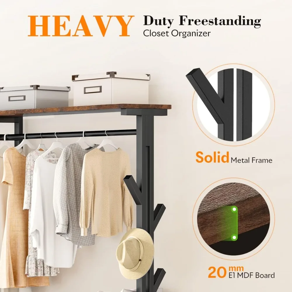 650lbs Capacity Heavy Duty Clothing Rack with Shelves Freestanding Closet Organizer with Hooks Metal Wardrobe Closet