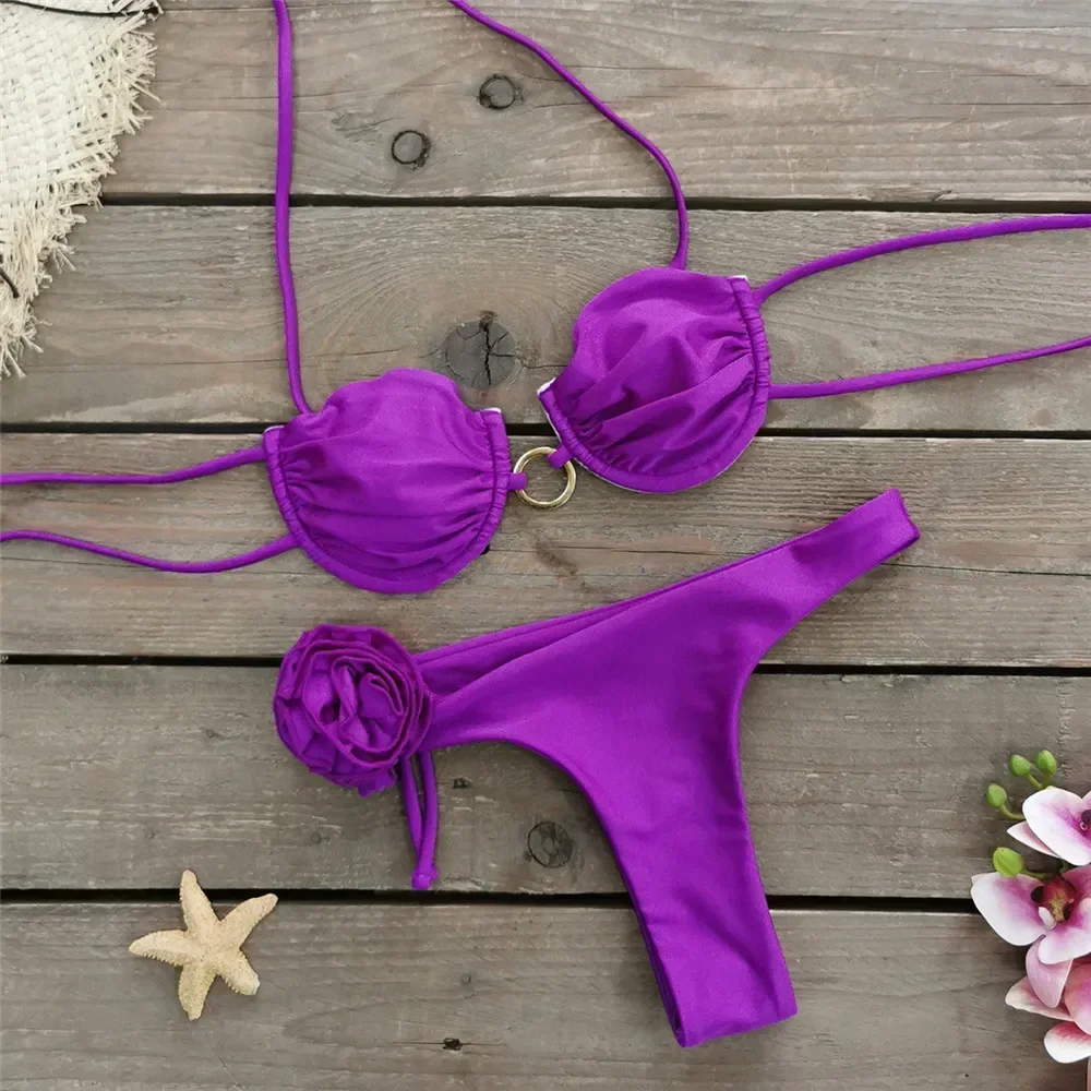 ثلاثية الأبعاد زهرة رفع مجموعة البكيني سلسلة الرسن ملابس السباحة مايكرو ثونغ مثير ملابس السباحة النساء حلقة معدنية ثوب السباحة البيكينيات 2024 Muejr