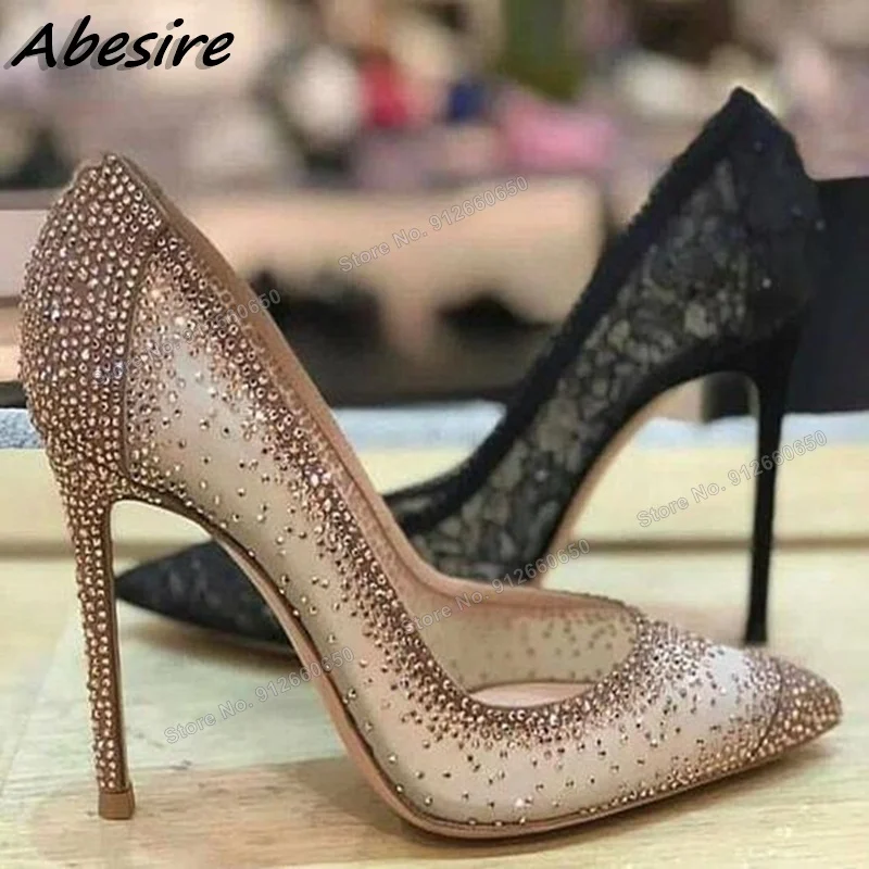 Abesire Beige Black Crystal Pumps Shallow tacchi a spillo décolleté tacchi alti sottili donna estate primavera Fashion Party scarpe Sexy sui tacchi