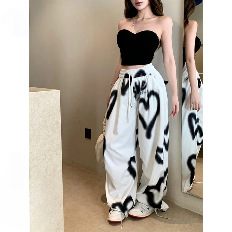 

Vintage vintage love graffiti wide-leg pants men's and women's high-waisted drawstring design thin paratrooper pants Y2K