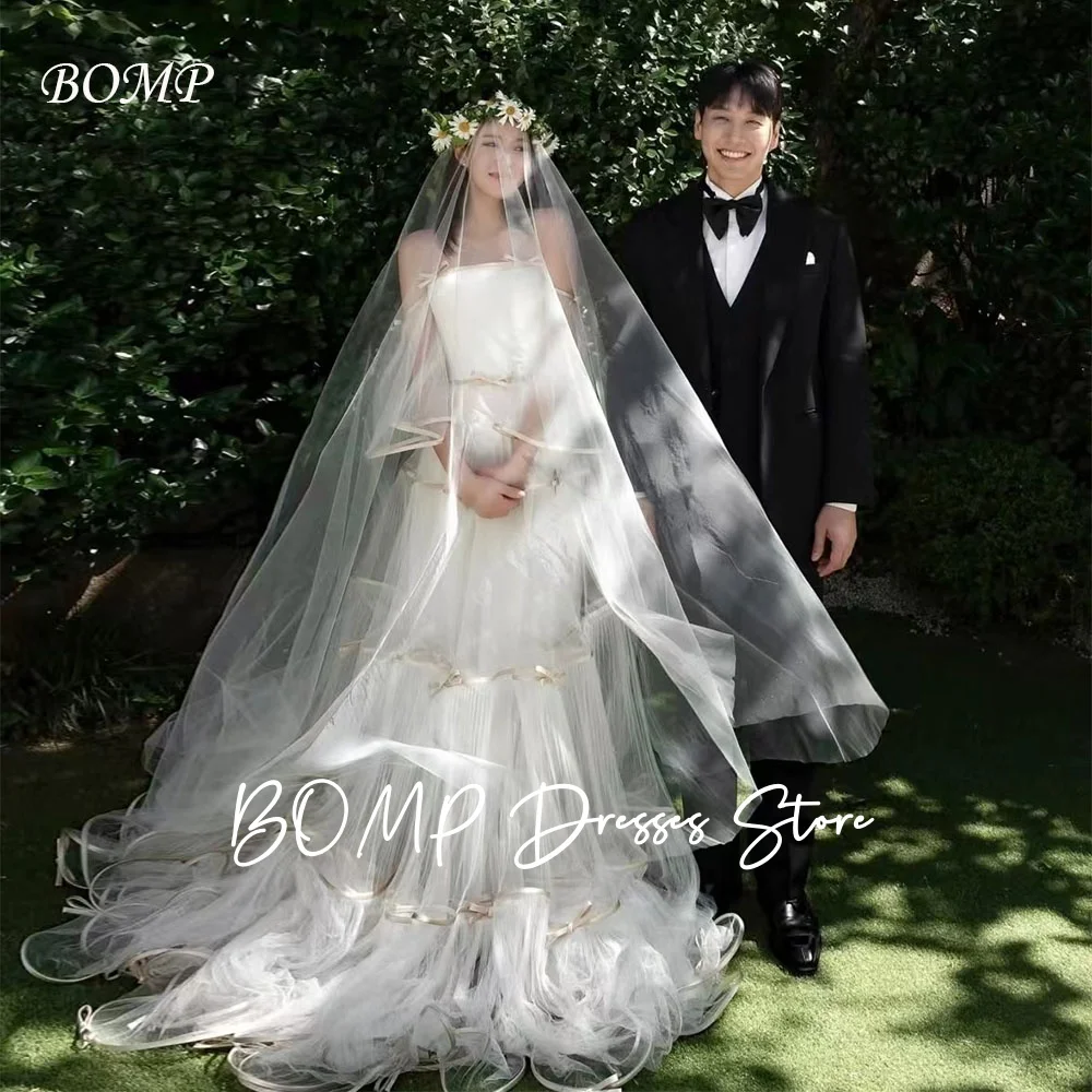 

BOMP Illusion Ruffles Wedding Party Dress Off Shoulder Removable Sleeves Ivory Tulle Korea Photo Shoot Bridal Gown Customized