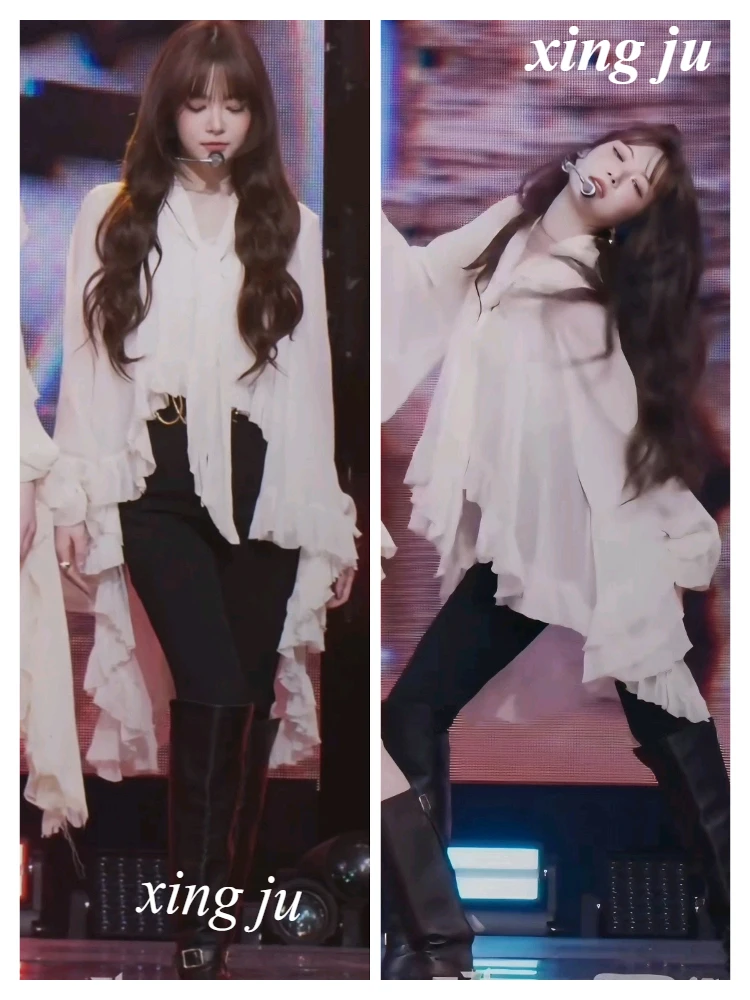 

Kpop Korean Singer White Long-Sleeved Sweet Irregular Ruffled Lace-up Shirt Loose Tops Women Jazz Dance Costumes Girl Stage Wear