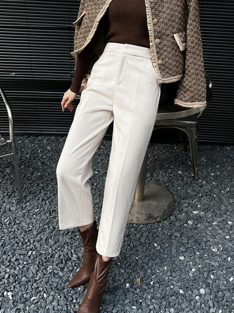 

2024 Autumn Winter Woolen Thick Suit Pants Stylish Office Ladies Twill Elegant Ankle Length Trousers Women Straight Pants