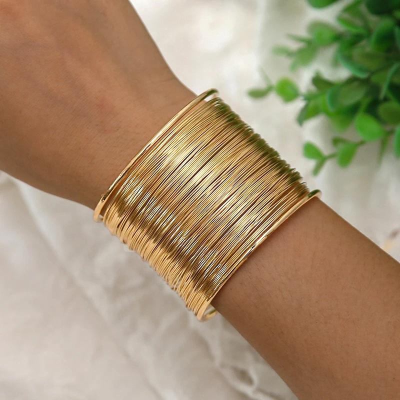 Punk Exaggerated Gold Color Opening Wires Bracelets for Women Hip Hop Simple Vintage Cuff Bangles Trendy Party Casual Jewelry