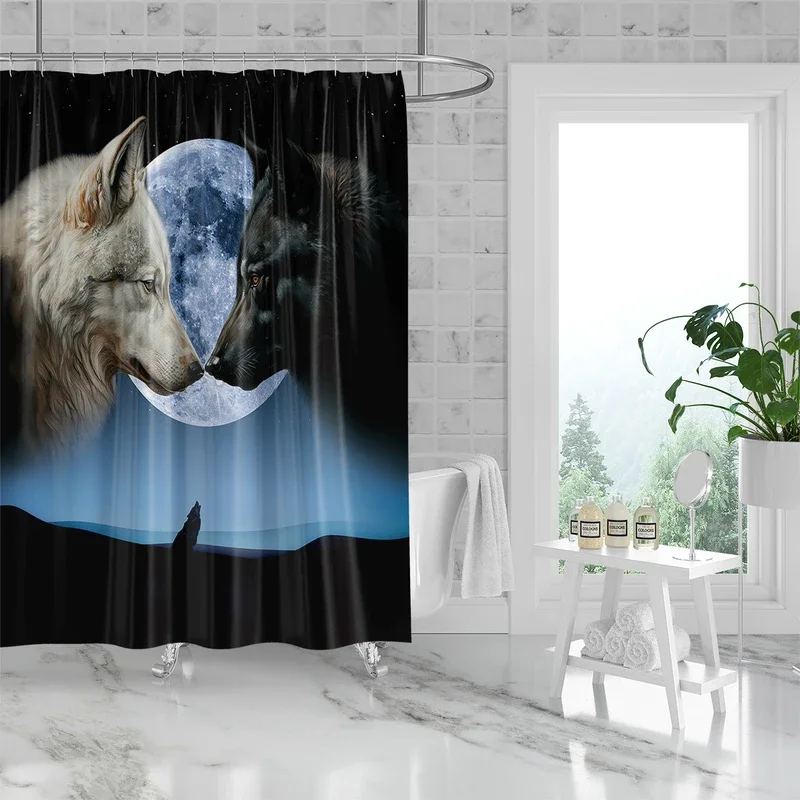 1PC wolves and moon pattern printed shower curtain, waterproof and washable, with 12 hooks, bathroom shower, bathtub, home use