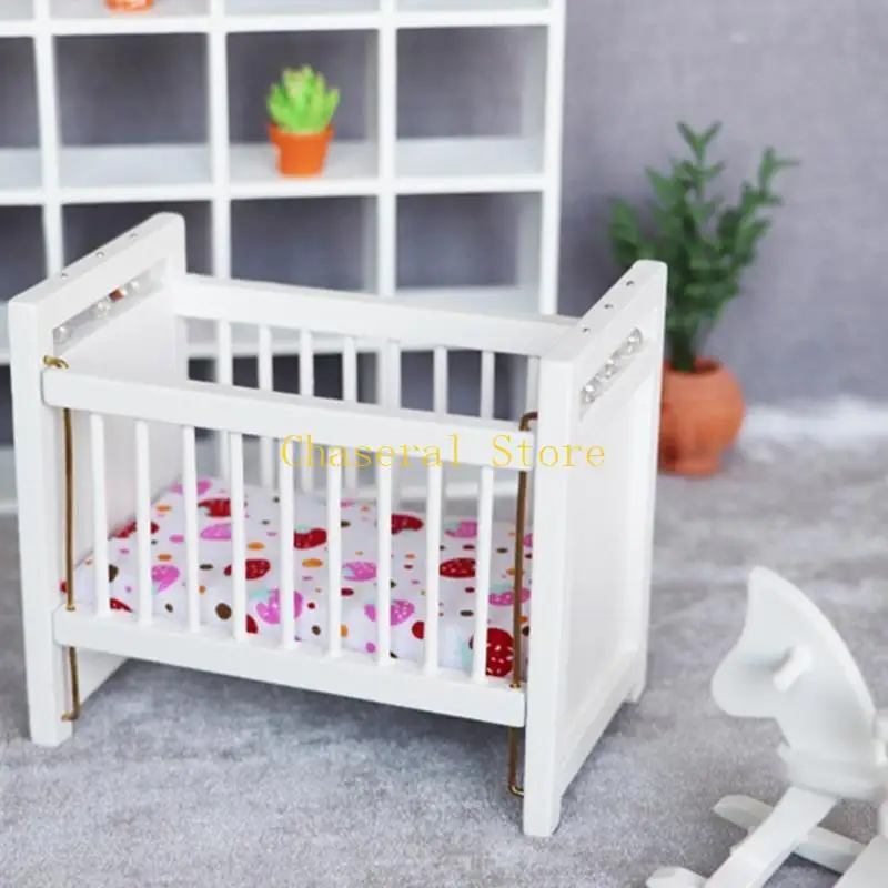 E7CE Realistic Crib Realistic Pretend Play for Kids Role Toddler Bed Model Toy Single Vintage Crib 1:12 Dollhouses view 4