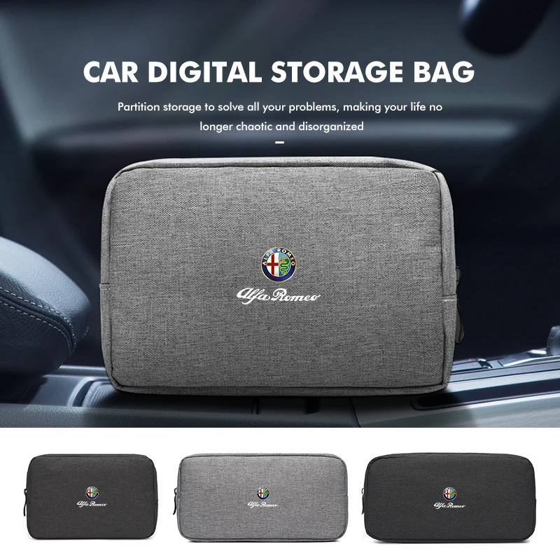 Caja de línea de datos con logotipo de coche, organizador de viaje, bolsa de almacenamiento para cargador de maletero, accesorios para Alfa Romeo GT Stelvio F1 Brera Volante Tonale