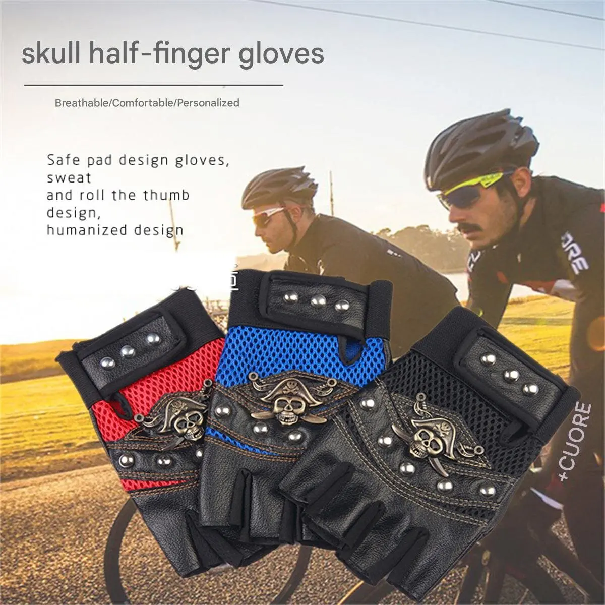 Guantes sin dedos de cuero PU, guantes con remaches de calavera para hombres y mujeres, capitán pirata, guantes de fitness de hip-hop, motocicleta ha