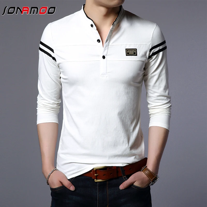 Men\'s Fashion Summer Long Sleeved POLO T-shirt Casual Cotton Breathable Top Stand Up Neck Long Sleeve Korean Comfortable Shirt