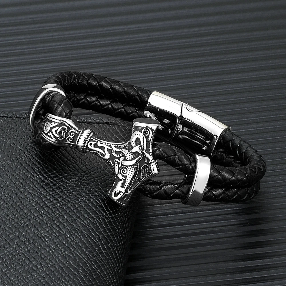 MKENDN Punk Men Vikings Style Genuine Leather Bracelet Braided Multilayer Stainless Steel Norse Thor\'s Hammer Mjolnir Bangles