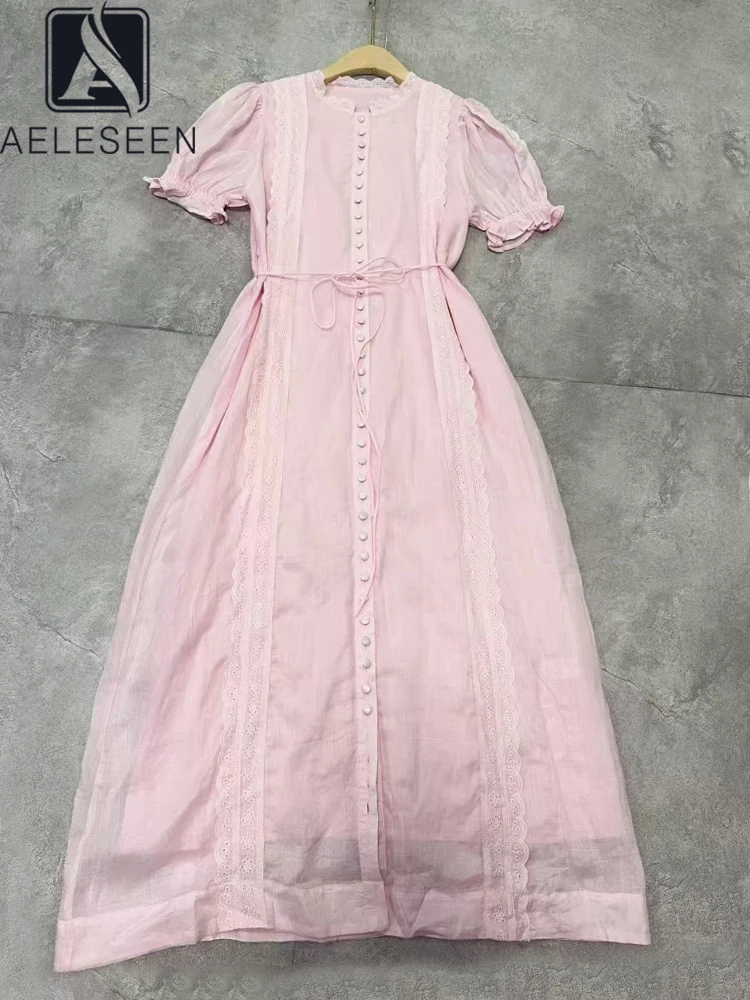 

AELESEEN 2025 Spring Summer Midi Dress Women New O-Neck Single Breasted Puff Sleeve Embroidered Hollow Out Lace Dress with Belt