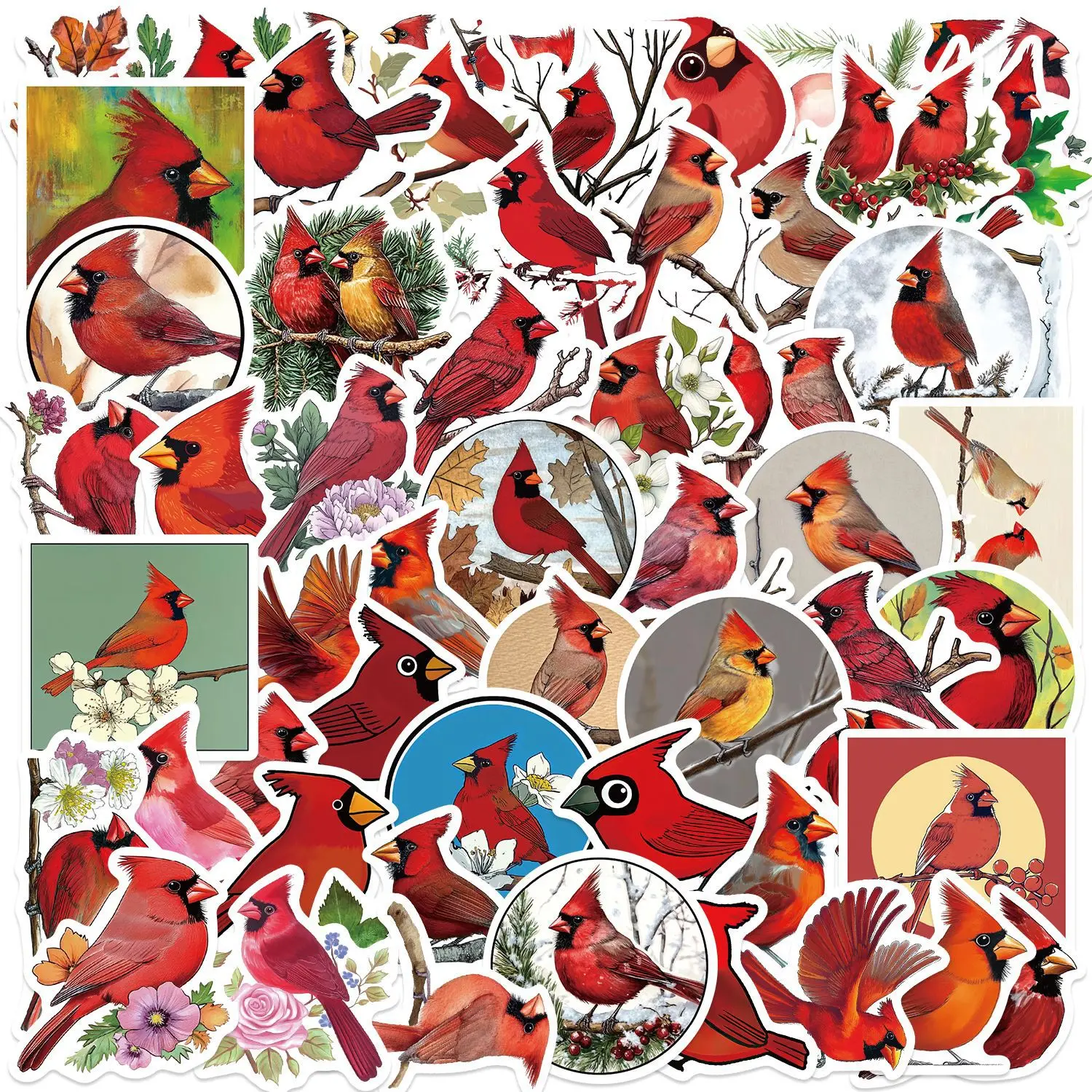 

56Pcs Cardinal Stickers Red Cardinal Bird DIY Stickers Scrapbooking Phone Luggage Skateboard Decorative Waterproof Decals