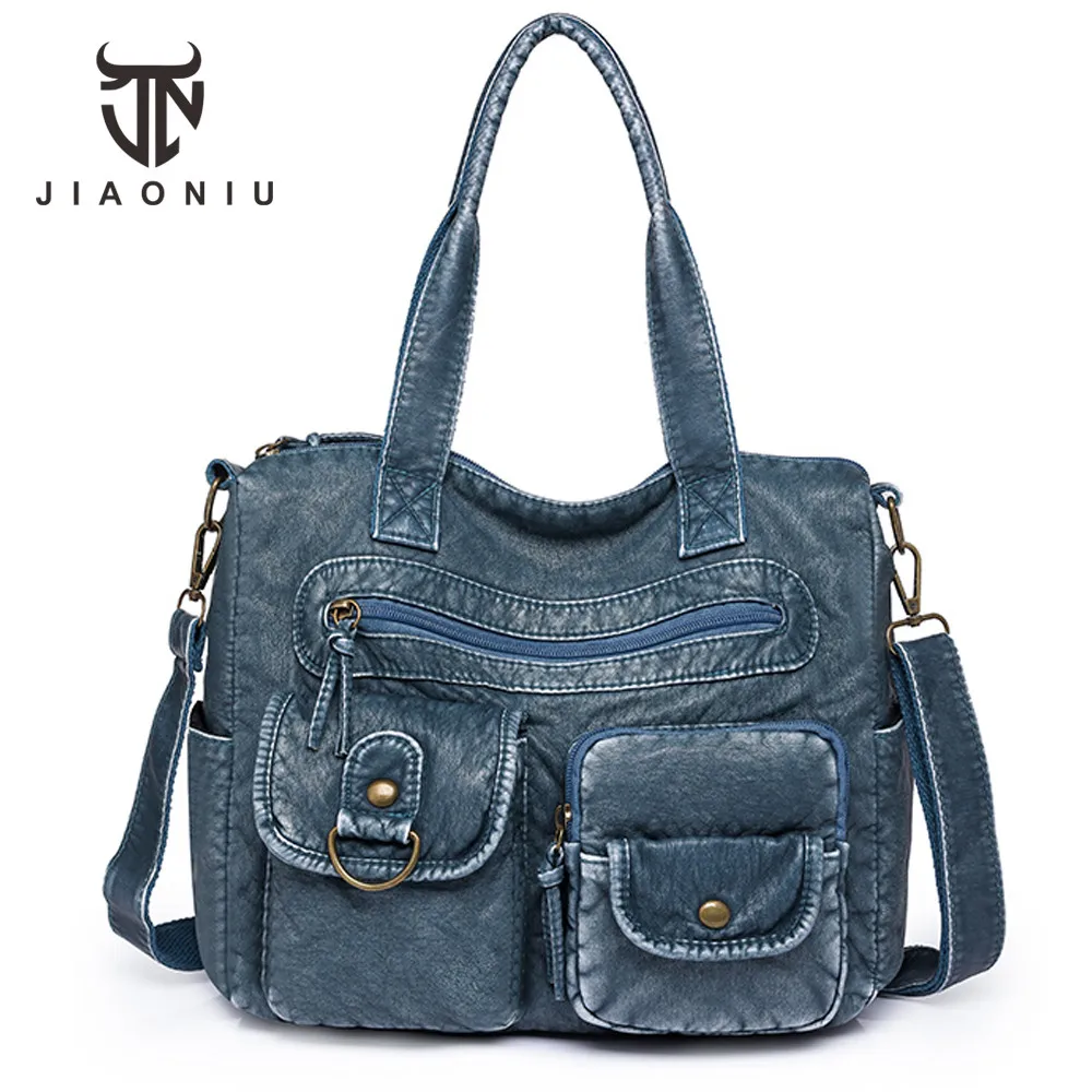 

Vintage Female Tote Bag Designer Luxury Handbags Multiple Pockets Women Crossbody Bag Famous Brand Washed Leather Shoulder Bags