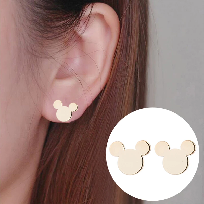 Cute Small Mickey Head Stud Earring Gold Silver Color Stainless Steel Minnie Mouse Charm Jewelry For Women Girls Party Gift