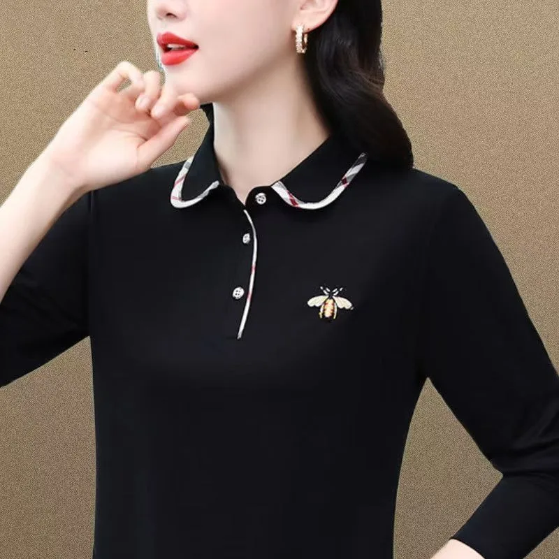 Polo Collar Pure Cotton Polo Shirt Long-Sleeved T-shirt Women\'s Summer 2024 New Mom Middle-Aged Loose Slimming Top