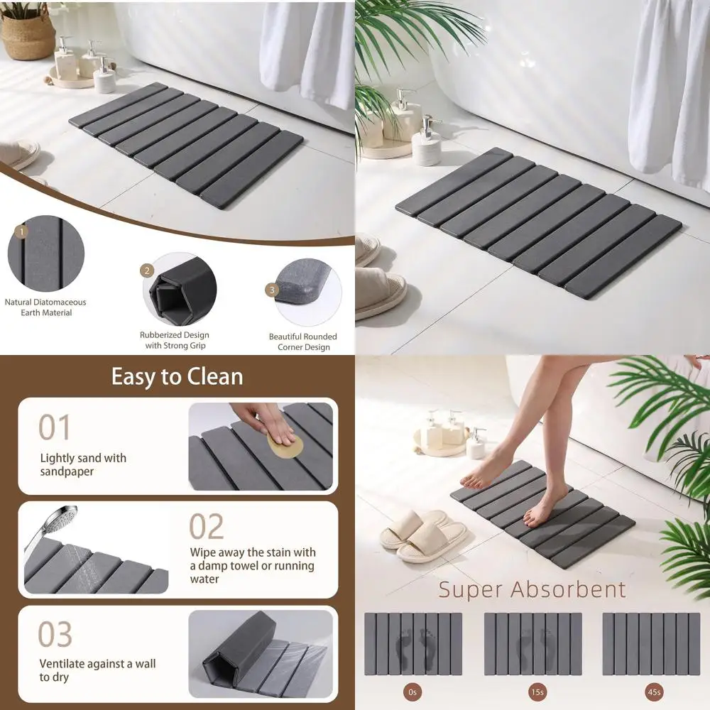 

Extra-Large Foldable Stone Shower Mat, 23.6x15.5, Anti-Slip, Super Absorbent, Quick-Dry Diatomaceous Earth Bath Mat, Easy Clean