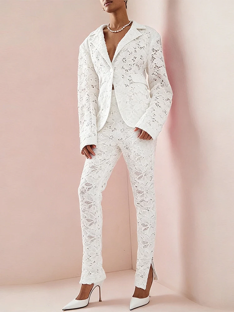 Hot Pink Lace Two Piece Set For Women Floral Hollow Out See Through Blazer Jacket & Slim Fit Pants Elegant Party Suit 2026 - view 5