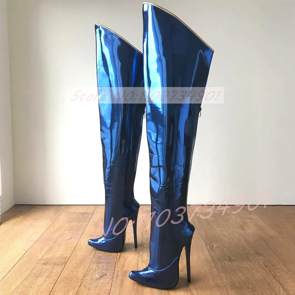 

Женские сапоги выше колена на шпильке, широкие синие кожаные ботинки металлик на очень высоком каблуке, женские пирные пикантные прямые ботинки с золотой молнией