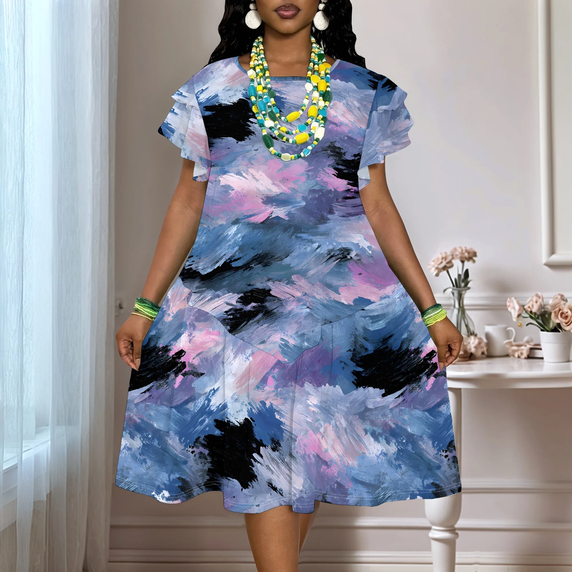 Abstract Paint Print Short Sleeve T-Shirt Dress for Women, Loose Fit Casual Summer Swing Mini Dress 2