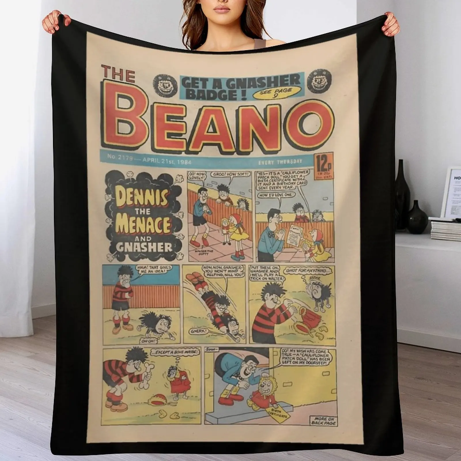 

Vintage/Retro 1984 Beano Front cover. Classic Dennis the menace and Gnasher, vintage style. Throw Blanket