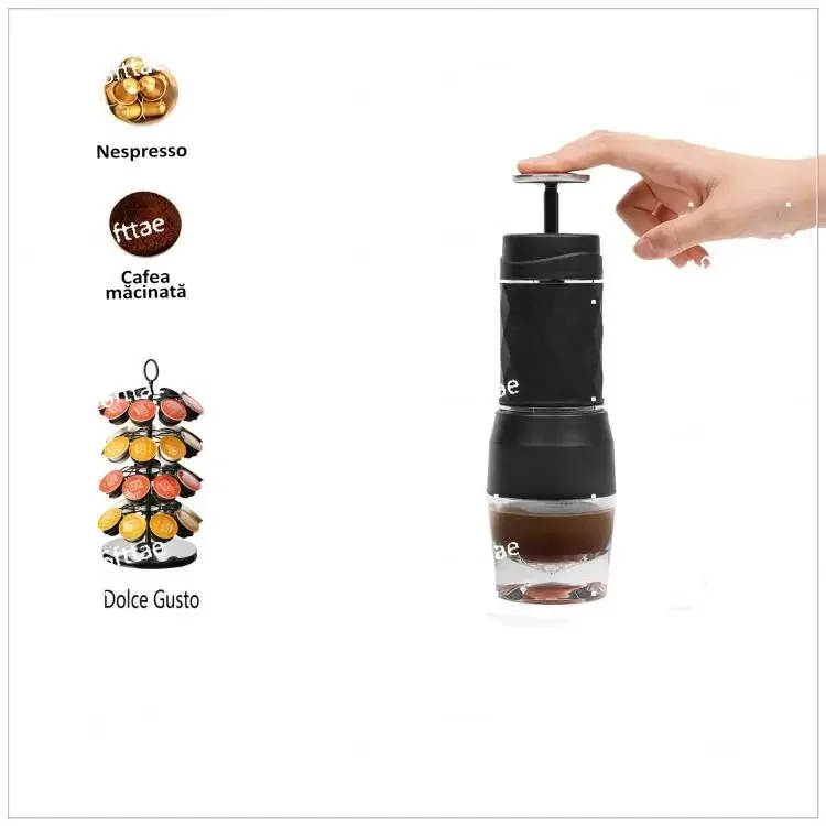 Mini Hand Press Coffee Machine 8439 Black and White Suitable for Coffee Powder Capsules, Easy To Carry