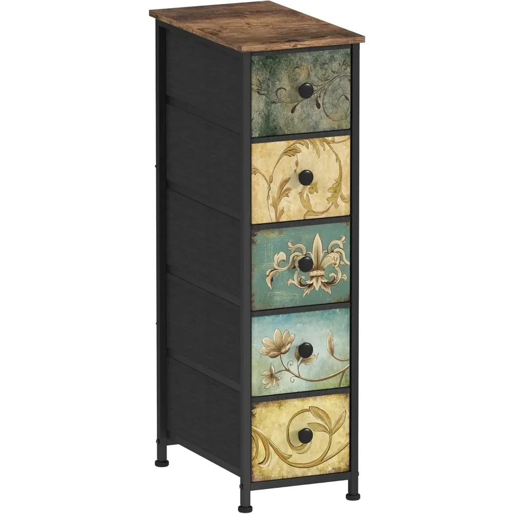 Narrow Storage Slim Dresser with Retro Flowers Fabric Drawers Vertical Skinny Cabinet for Small Spaces,Bathroom,Bedroom Closet