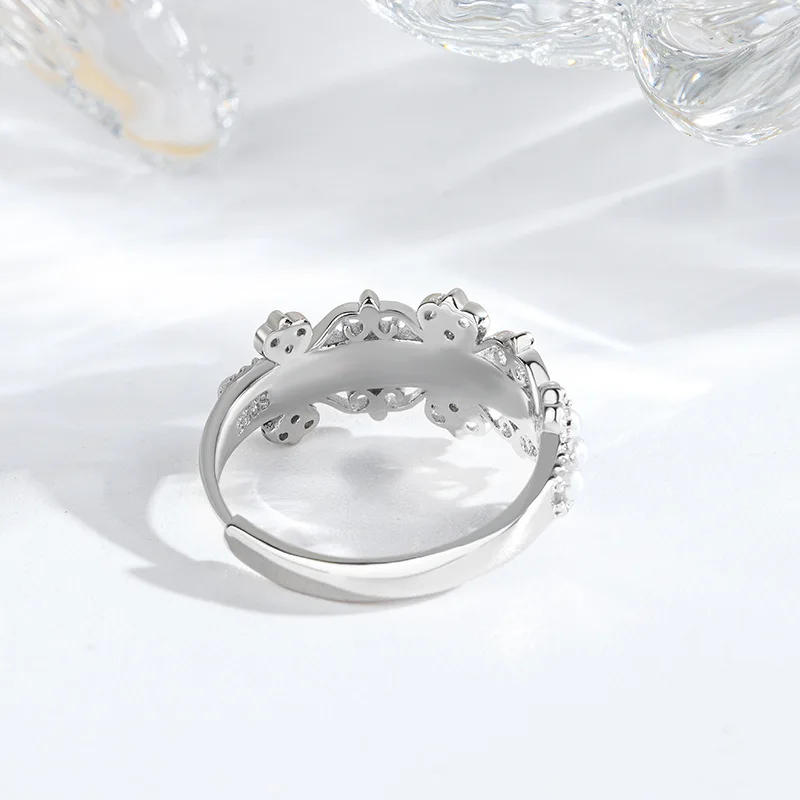 Dawn's Jewel S925 Sterling Silver Pearl Lace Ring Female Handmade Hollow Adjustable Light Luxury