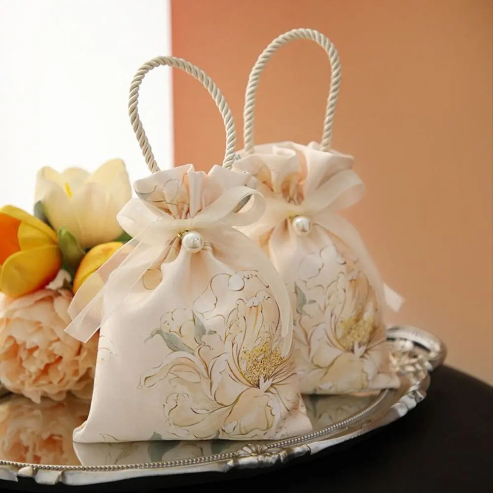 

Flower Canvas Drawstring Bag Pearl Pendant Storage Bag Canvas Knot Wrist Bag Korean Style Bucket Bag Wedding Candy Bag Wedding